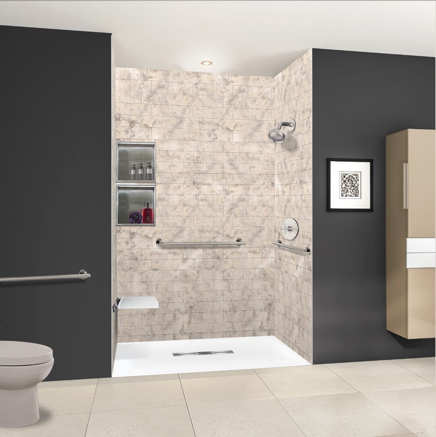 Zero-threshold shower with grab bars, a fold-down seat position and a slide-bar hand shower