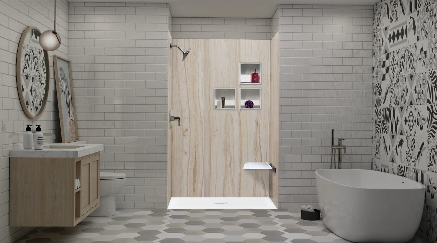 Zero-threshold white shower base set flush with the surrounding bathroom floor