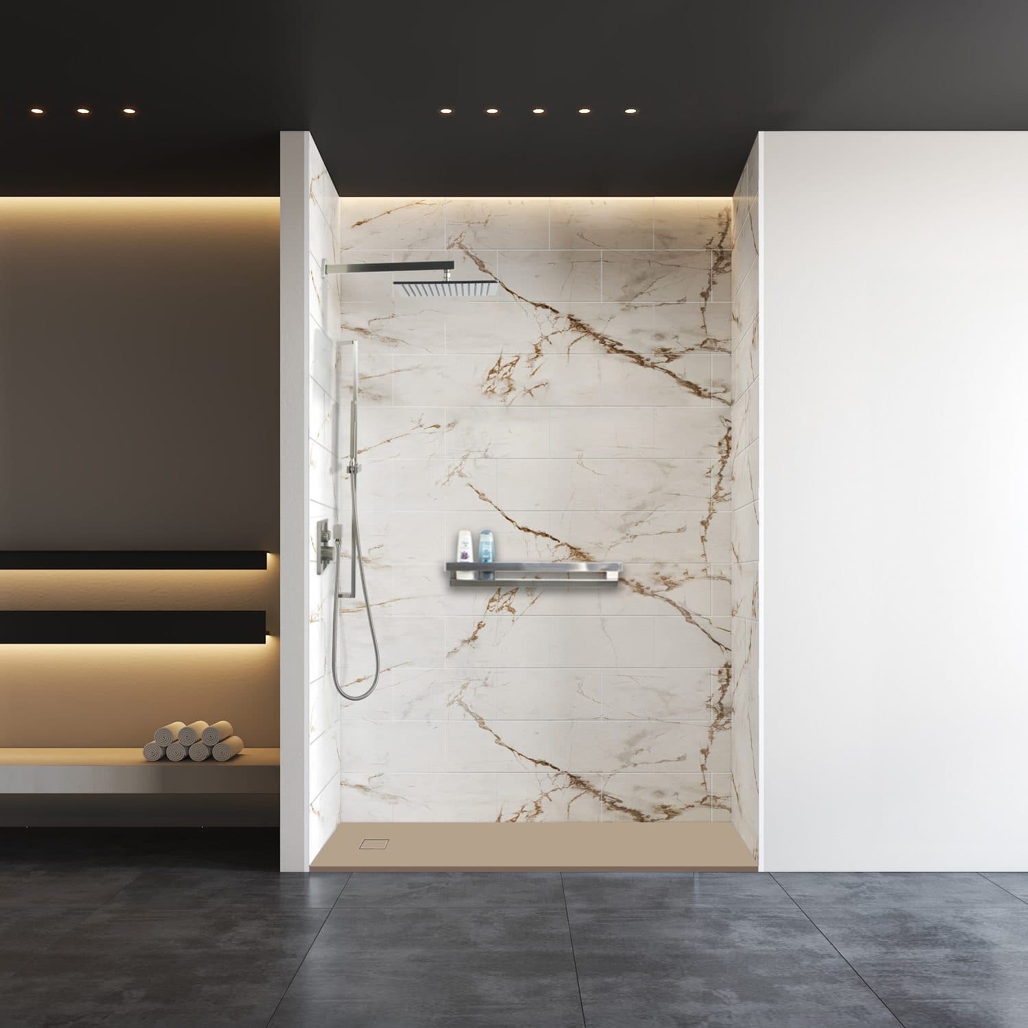 Walk-in shower with dramatic white and gold veined marble-look walls
