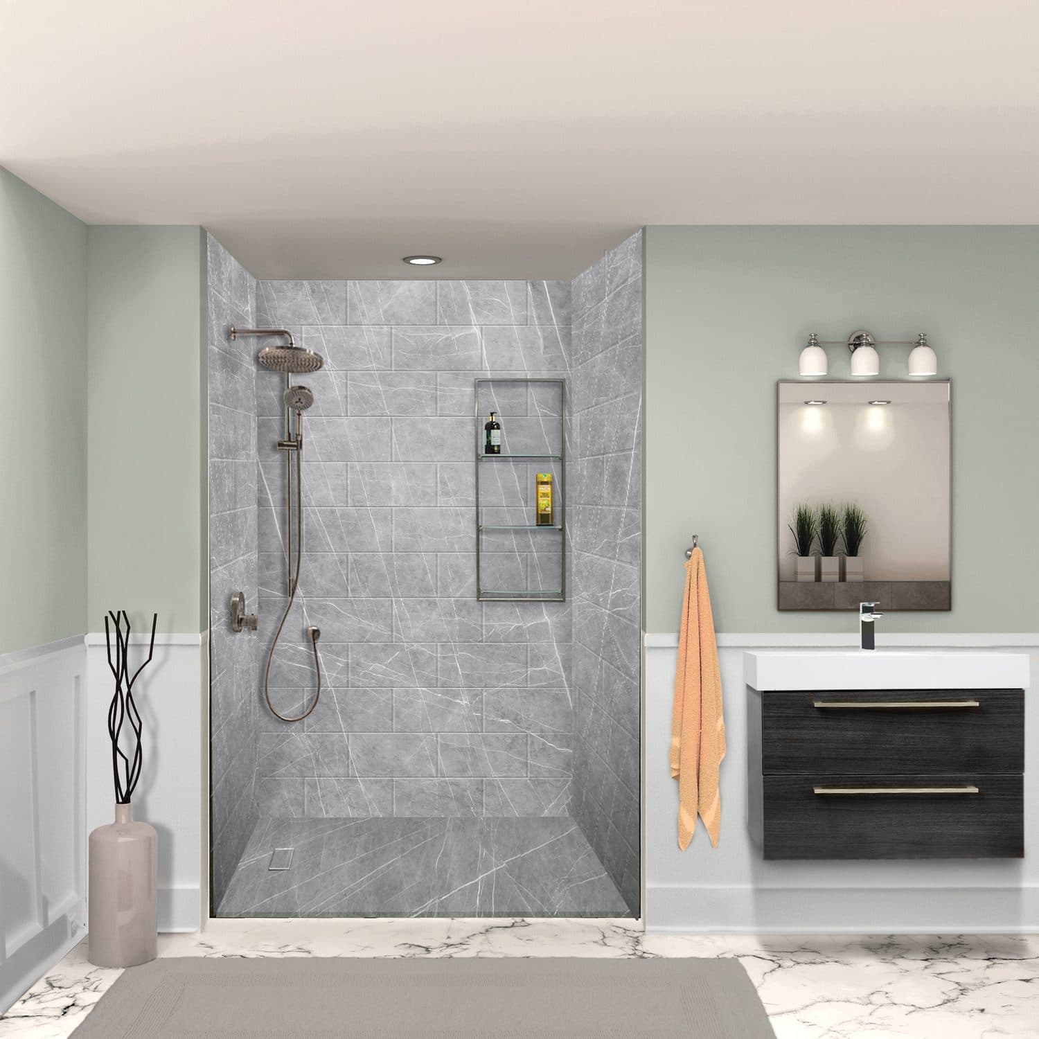 Walk-in shower with tundra gray stone-look walls and a recessed niche