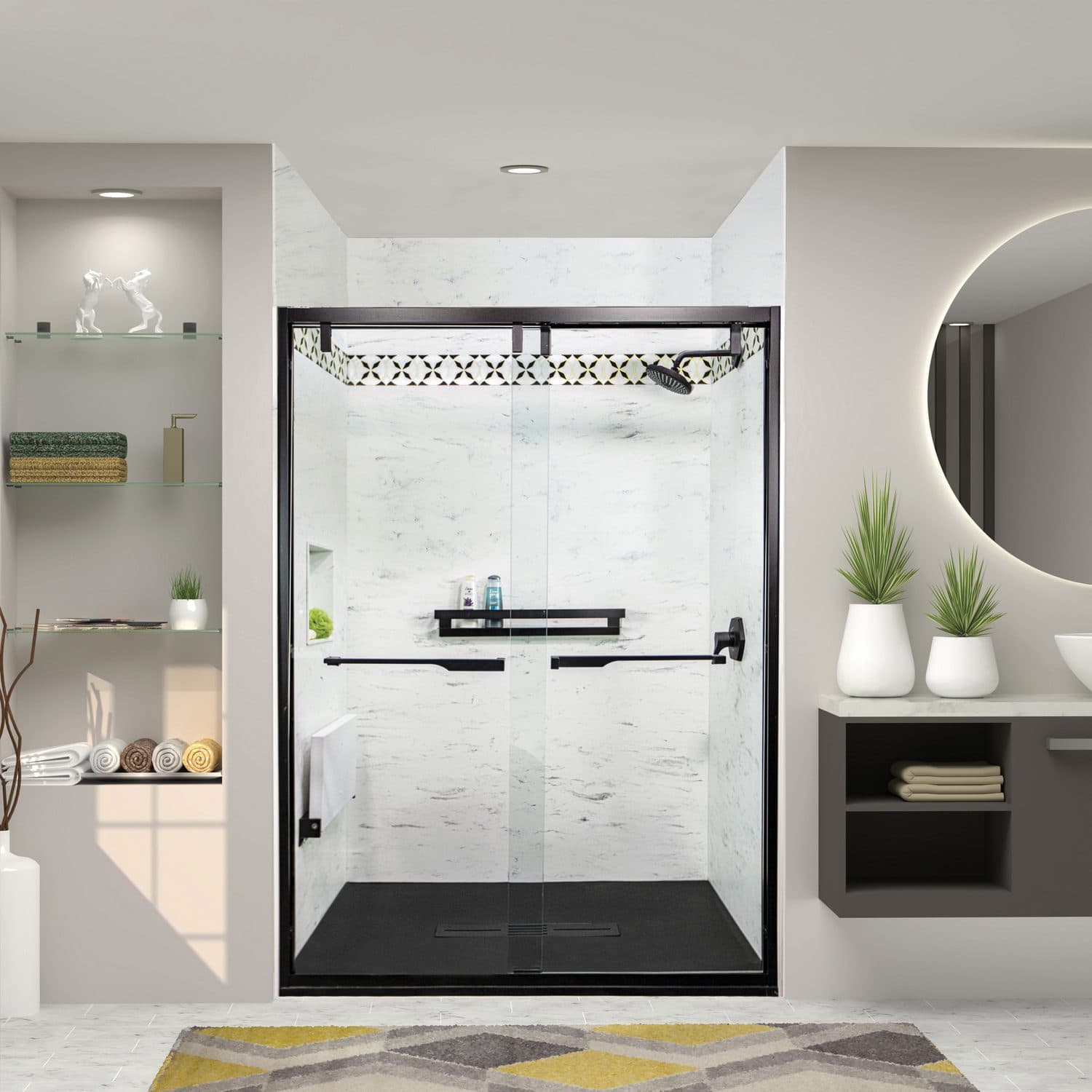 Carrara solid surface shower walls in a matte finish behind a black framed glass enclosure